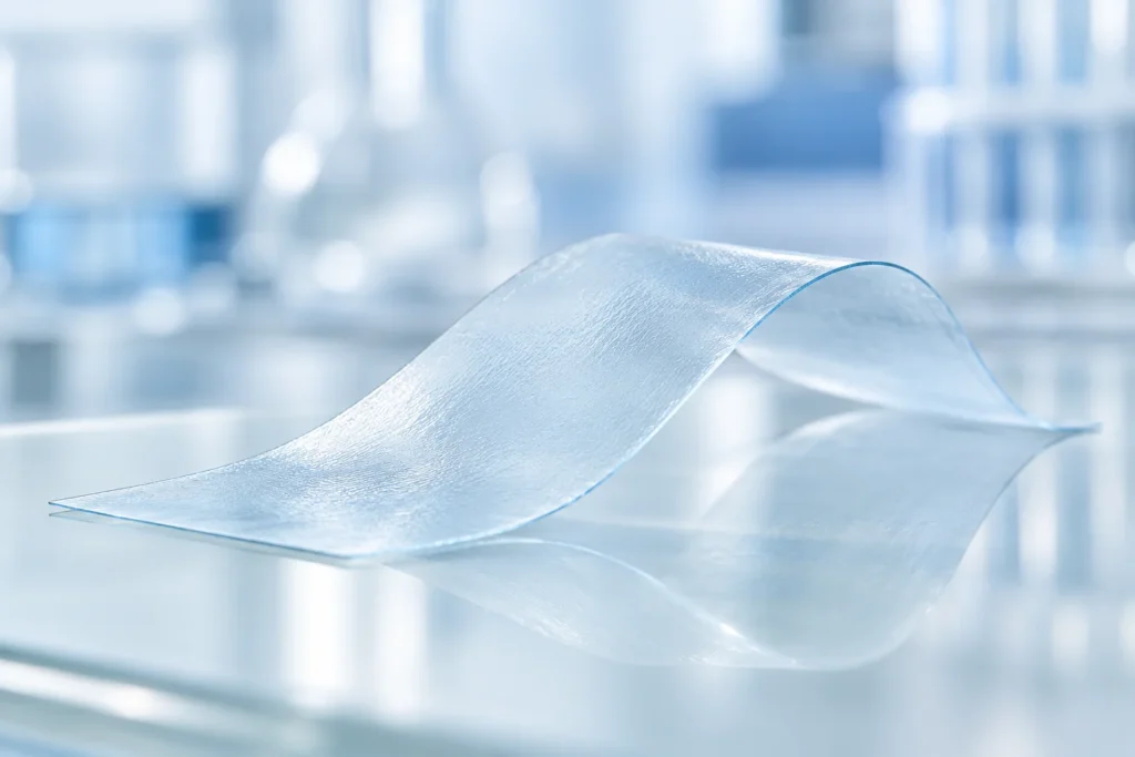 Concept visualization of a thin translucent blue oral film on glass