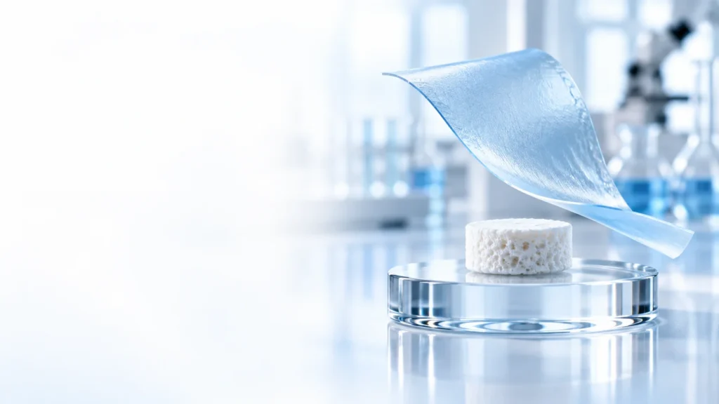 Concept render of a translucent oral film and a porous freeze-dried tablet on glass