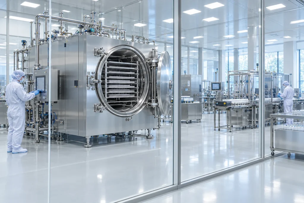 Concept image of a stainless-steel freeze-drying and packaging environment