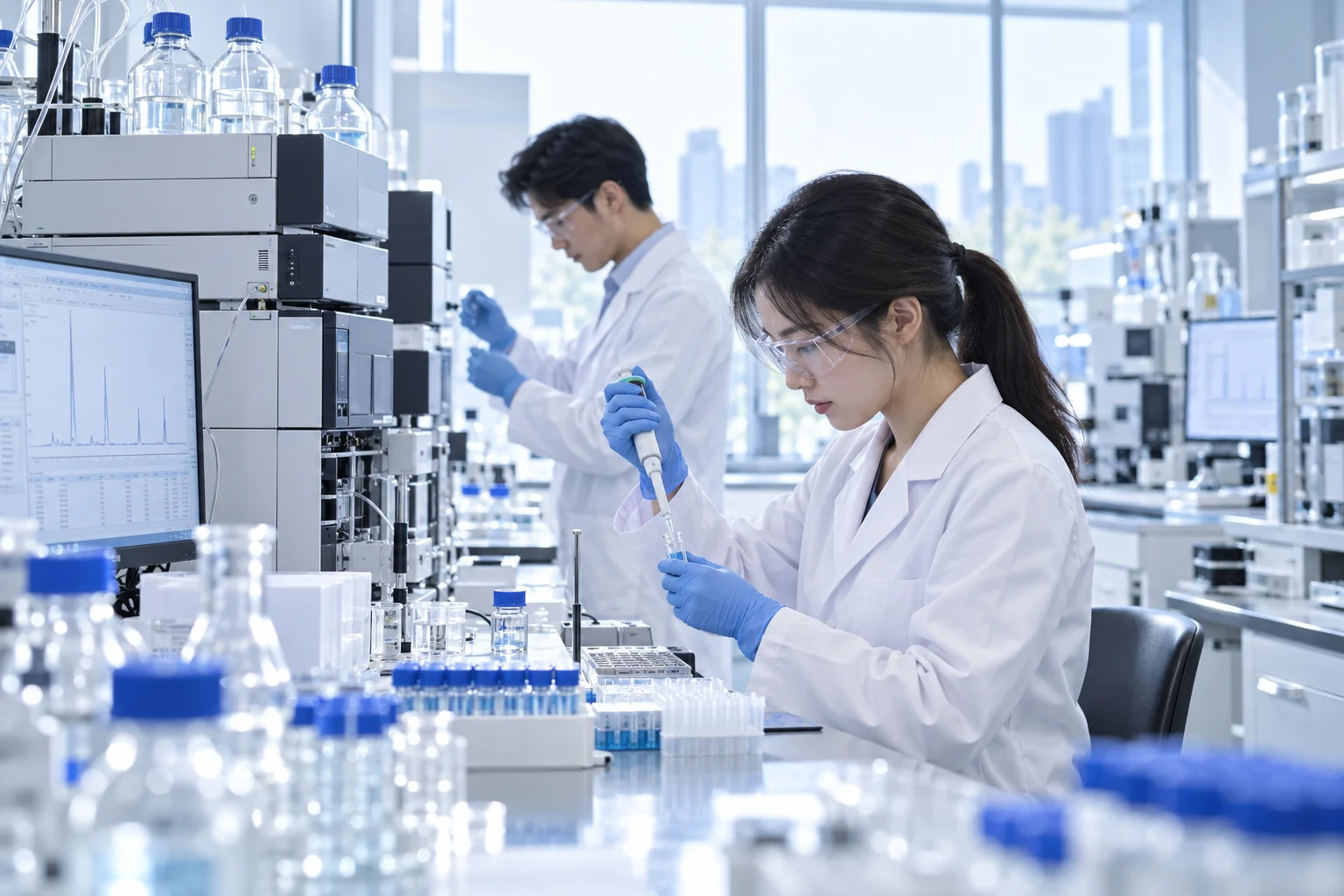 Concept image of formulation researchers working in a bright analytical laboratory